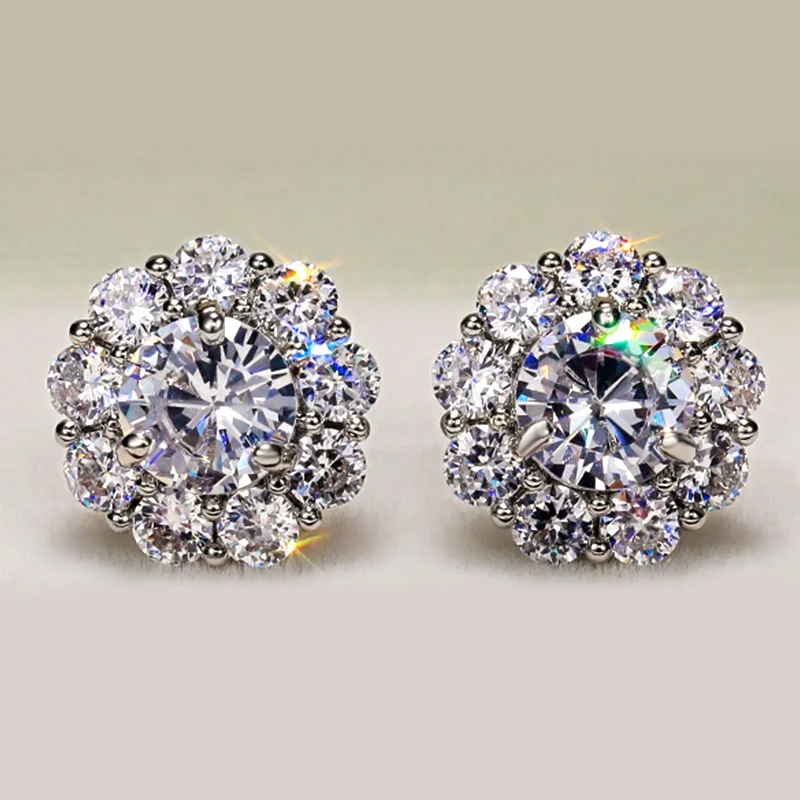 Huitan Romantic Flower Shape Women's Stud Earring Dazzling Round Zirconia Crystal Versatile Accessories Female Statement Jewelry