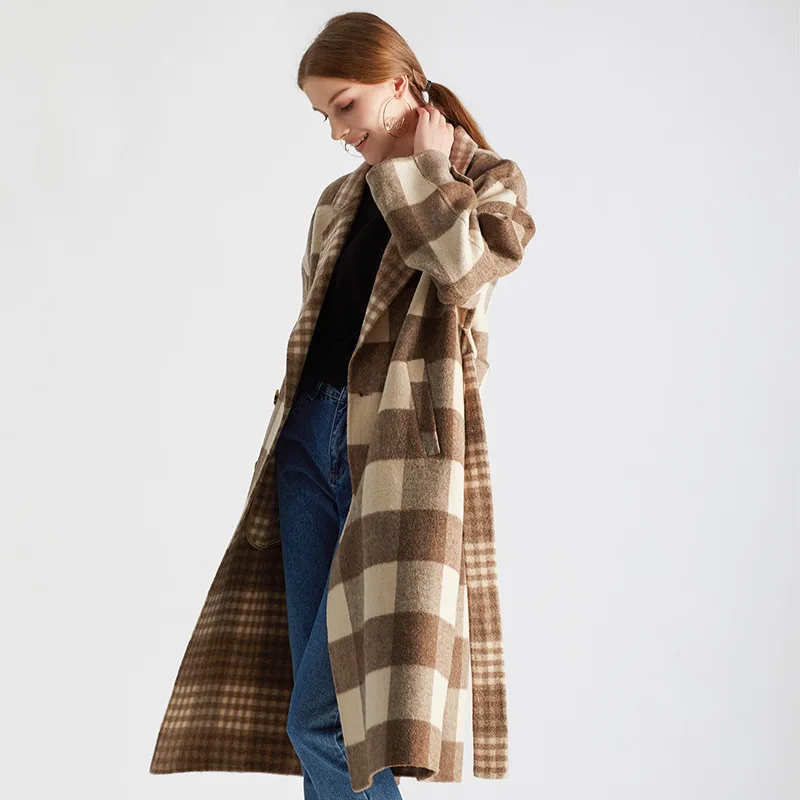 Women Coat Winter Wool Autumn Clothes 2021 Korean Elegant Plaid Long Woolen Jacket Ladies Vintage Belt Cashmere Coats 009