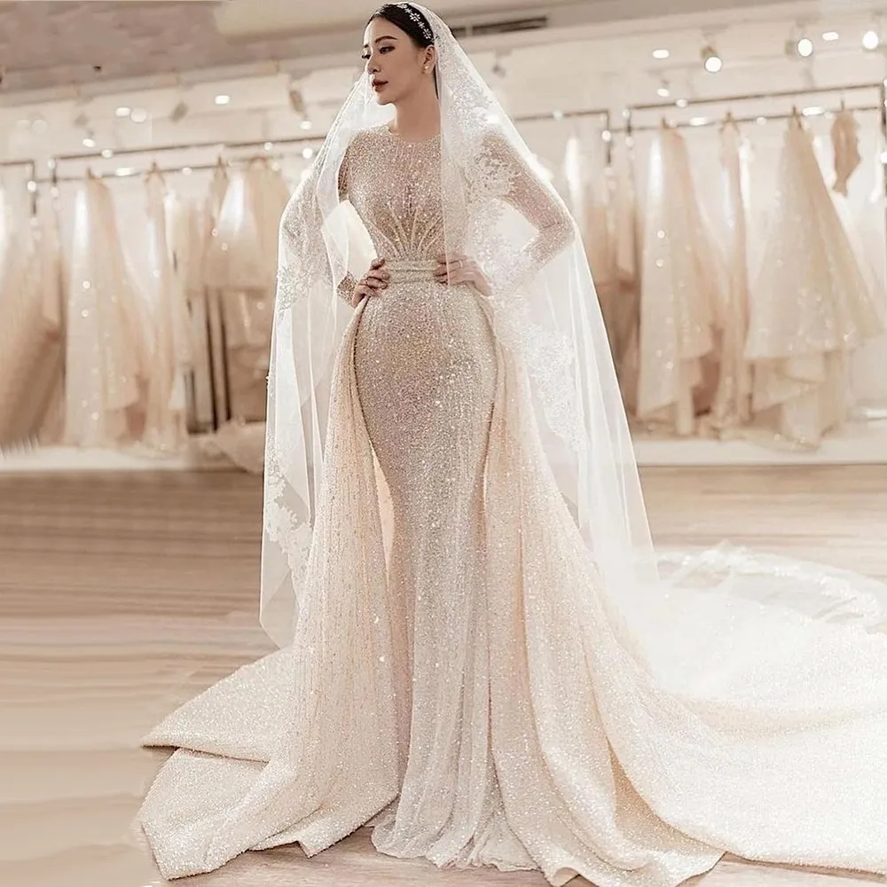 Hot Ivory With Train Wedding Dresses 2025 Luxury Mermaid Elegant Bridal Gown Arabic Bubai Custom Made Vestidos De Noiva