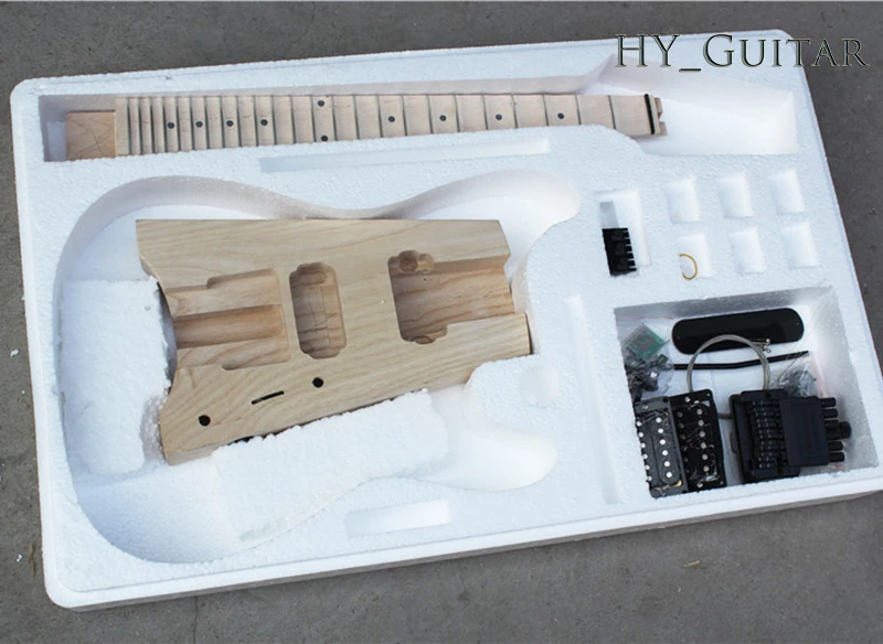 DIY Semi-Finished Headless Ash Electric Guitar Kits without Paint,Scalloped Maple Fretboard