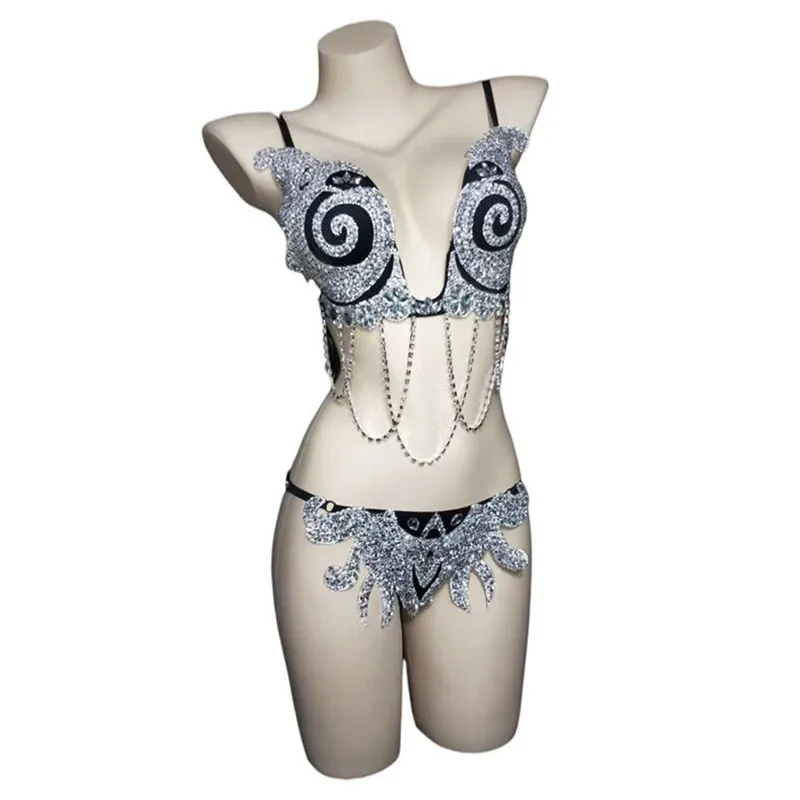 

New Women Sexy Stage Silver Rhinestone Pearl Chain Bra Short Summer Bikini Set Prom Dancer Celebrate Outfit Birthday Outfit Set