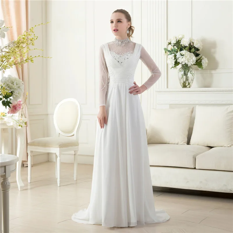 Beach Bridal Gown Real Sample Ivory Long Sleeves Floor Length Plus Size Beaded Pearl Chiffon Beach Bridal Bridesmaid Dresses