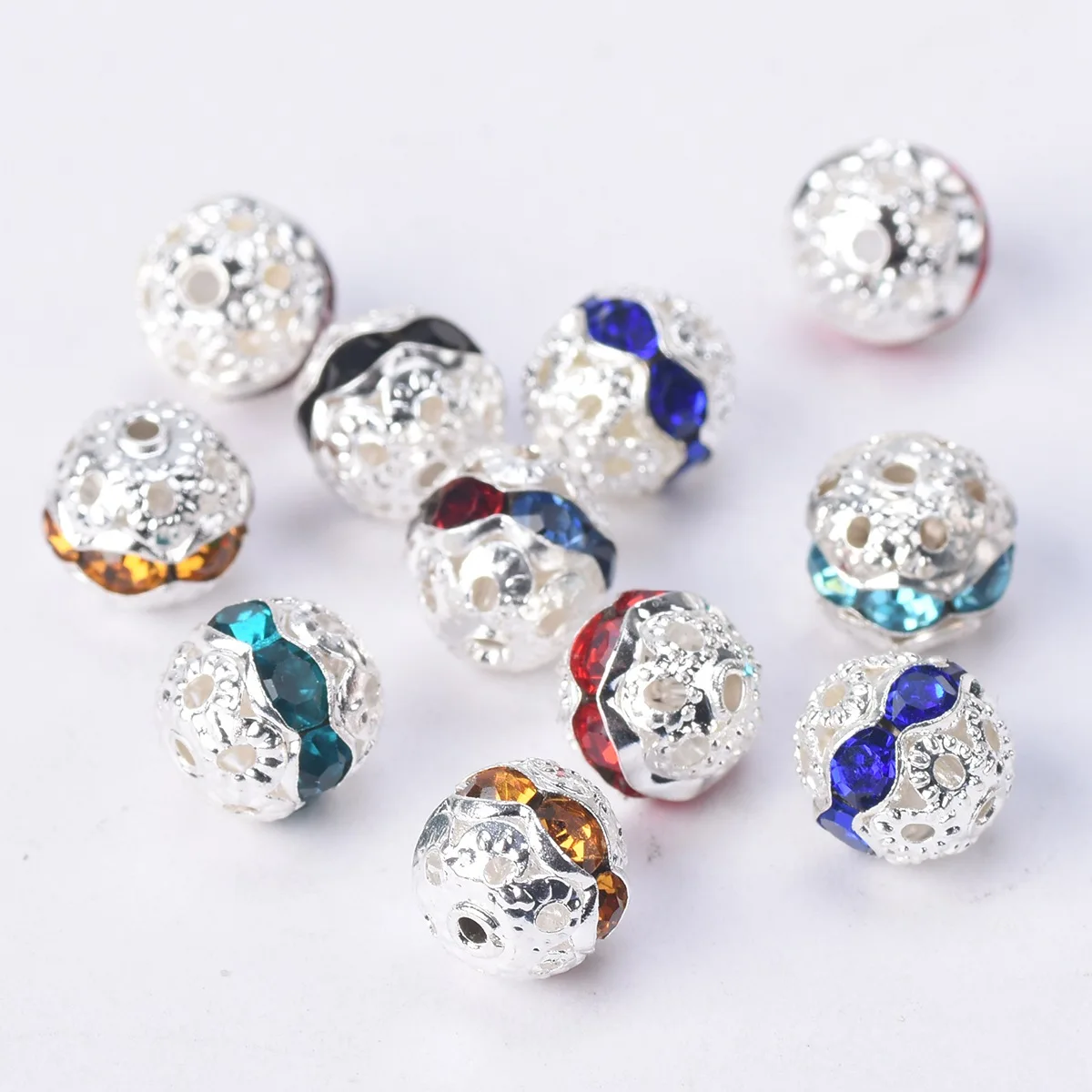 20pcs  8mm Round Silver Plated Color Metal & Rhinestones Loose Spacer Beads for Jewelry Making DIY Crafts Findings