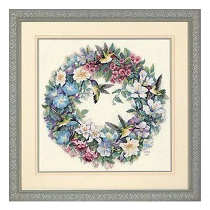 Amishop Lovely Counted Cross Stitch Kit, Hummingbird Wreath, Flower Wreath Dim 35132, Top Quality