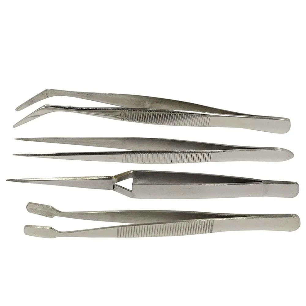 Pinzas piezas acero inoxidable ESD, herramientas de mantenimiento, precisión Industrial, curvadas, rectas, herramientas de reparación, 4 Uds.
