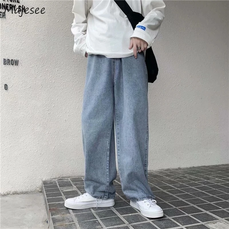 

Men Jeans Solid Drawstring Denim Full Length Straight Loose Males All-match Trendy Punk Baggy Retro Leisure Chic Cowboy Trousers