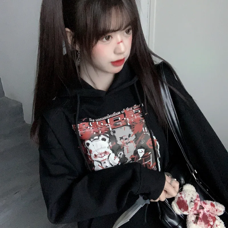 худи Women Loose Black Anime Print Hoodie Long Sleeve Top Punk Vintage Dropshipping Harajuku Japanese Gothic Pullover Sweatshirt