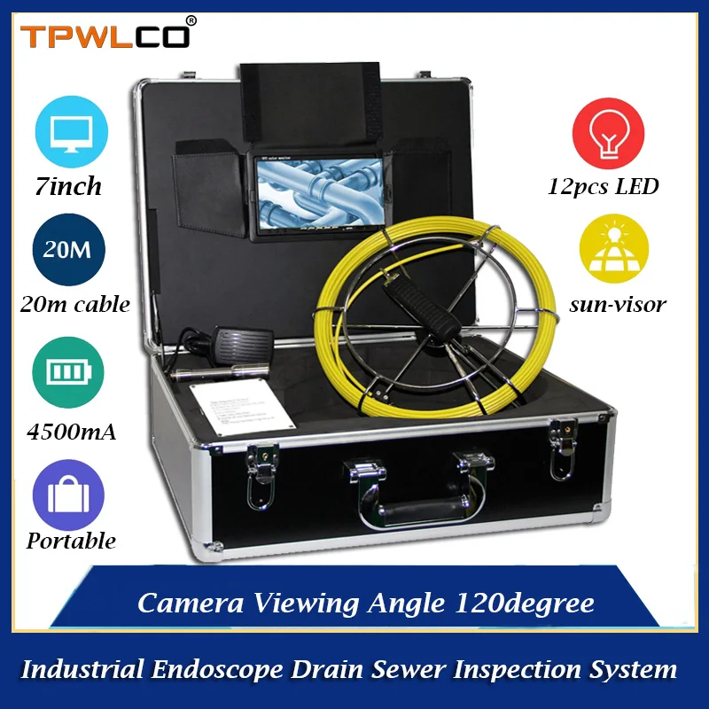 

Waterproof 23mm Pipe Video Camera Viewing Angle 120degree 20m Industrial Endoscope Drain Sewer Inspection System 7" Monitor