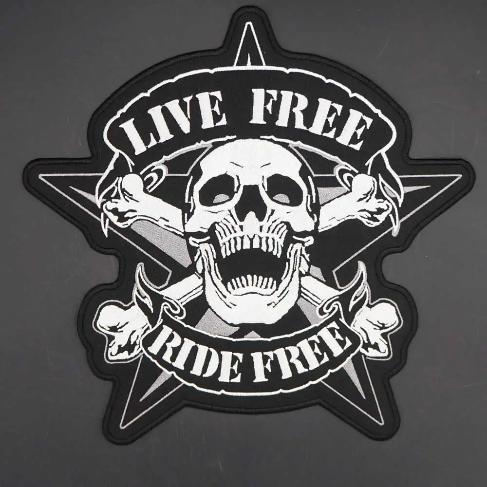 Large Skull LIVE FREE RIDE FREE Embroidery Patches for Jacket Back MC Motorcycle Biker