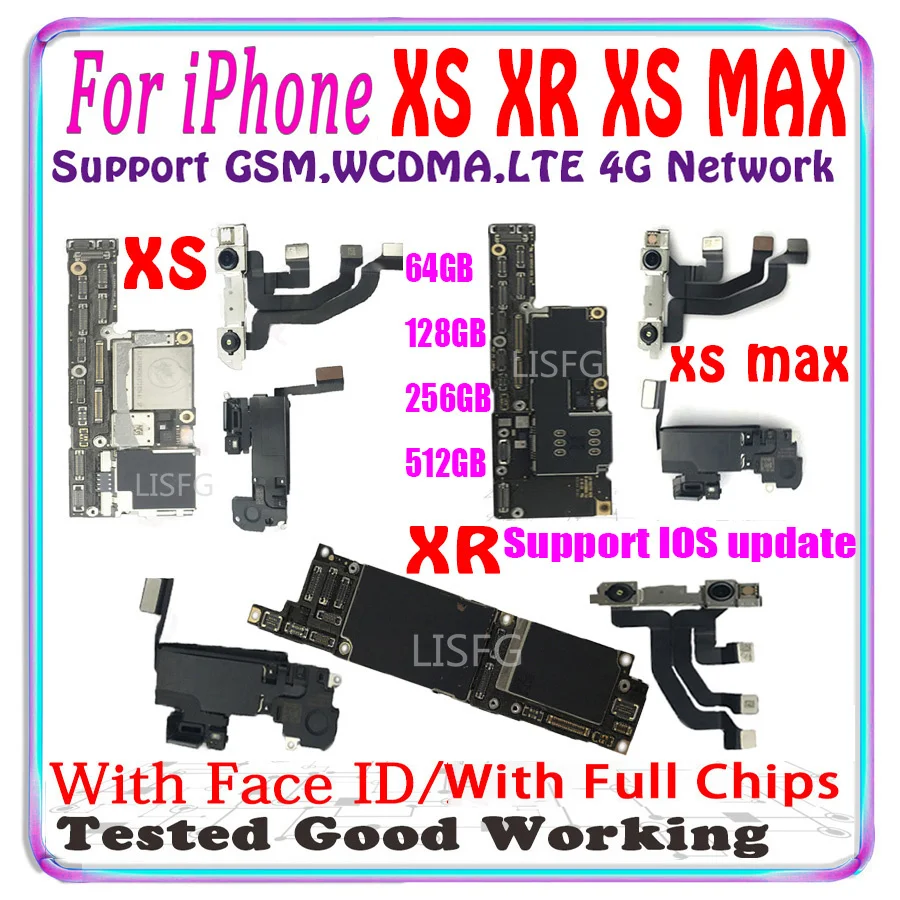 100% Unlocked For iPhone XR & XS MAX Motherboard With Face ID 64G 128GB 256GB 512GB For iPhone XR X R Mainboared Free iCloud