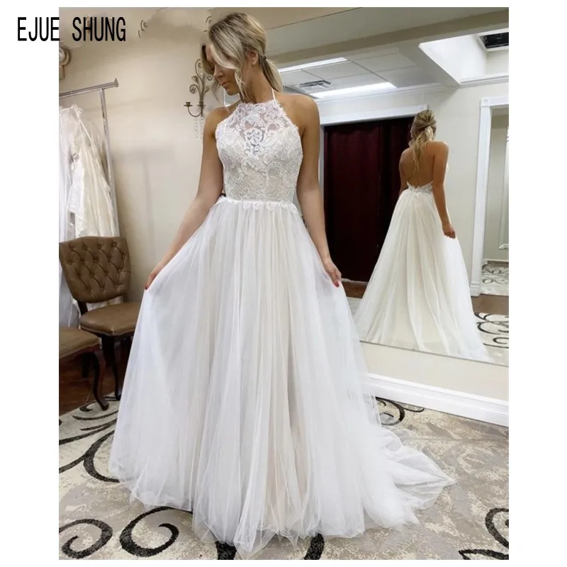 

EJUE SHUNG Beach Wedding Dresses Halter Neckline Open Back Lace Appliqued A Line Wedding Gowns Bride Dresses Vestido De Novia