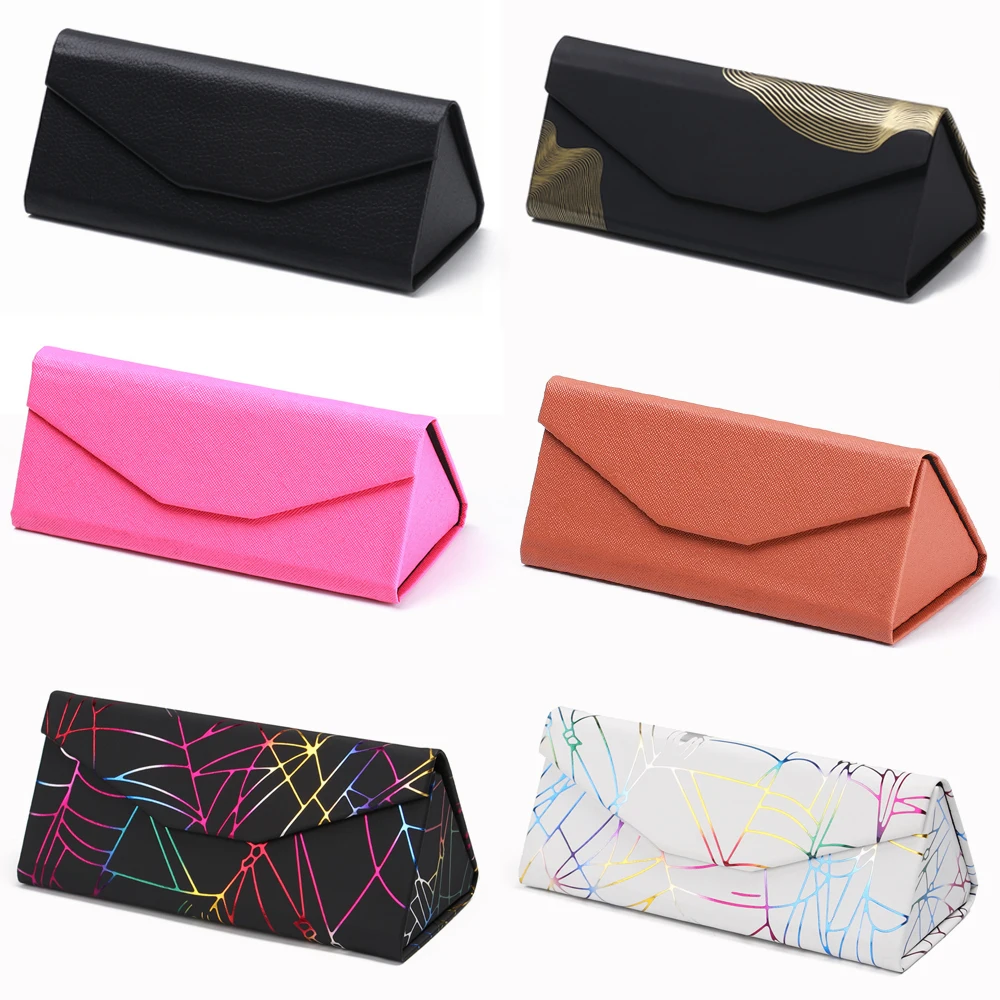 1PC Hot Triangle Glasses Box Candy Solid Color Folding PU Waterproof Strong Magnet Eyewear Case Portable Protective Organizer