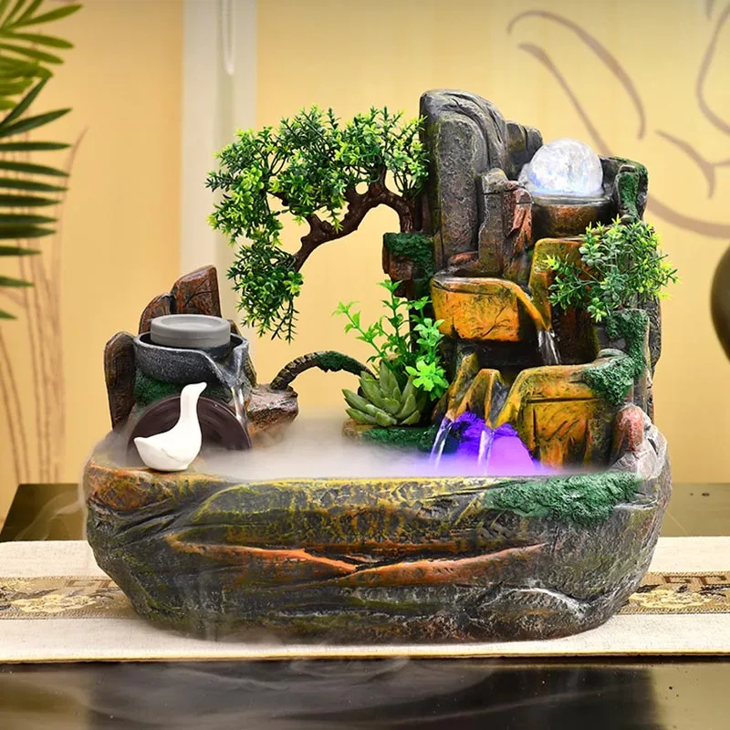 220V Lucky Feng Shui Home Decoration Indoor Water Fountain Rockery Resin Fountains Waterfall Fish Tank Atomizer Craft