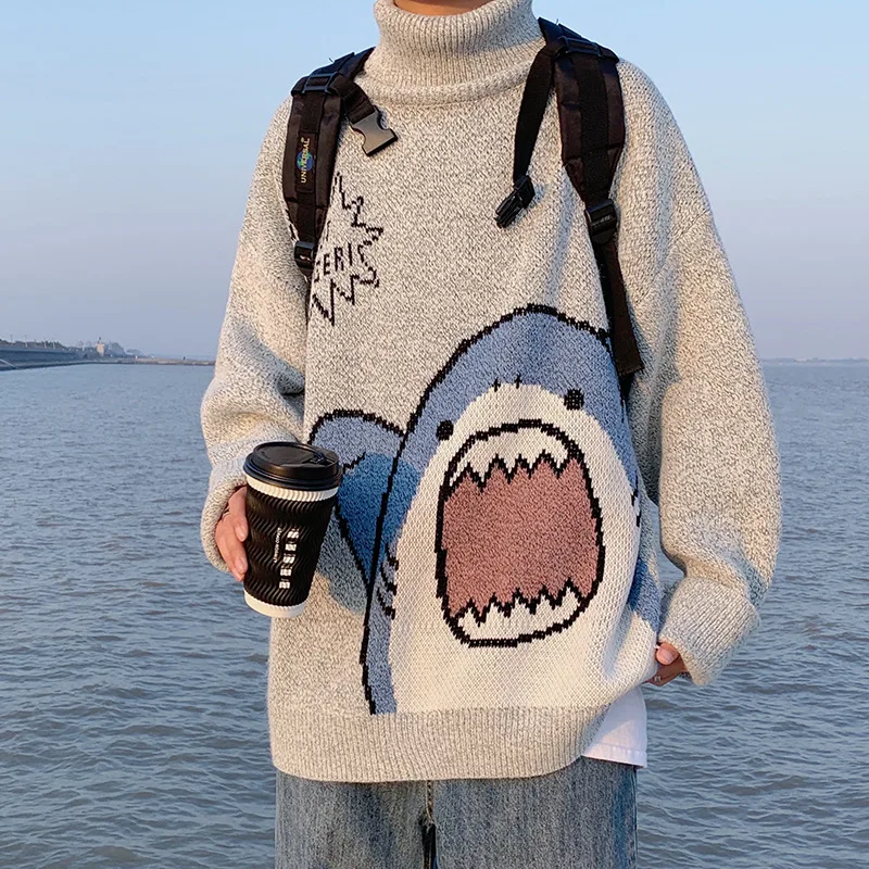 Couple sweater cartoon shark casual loose hip-hop knitted pullover autumn and winter oversized sweater unisex pullover