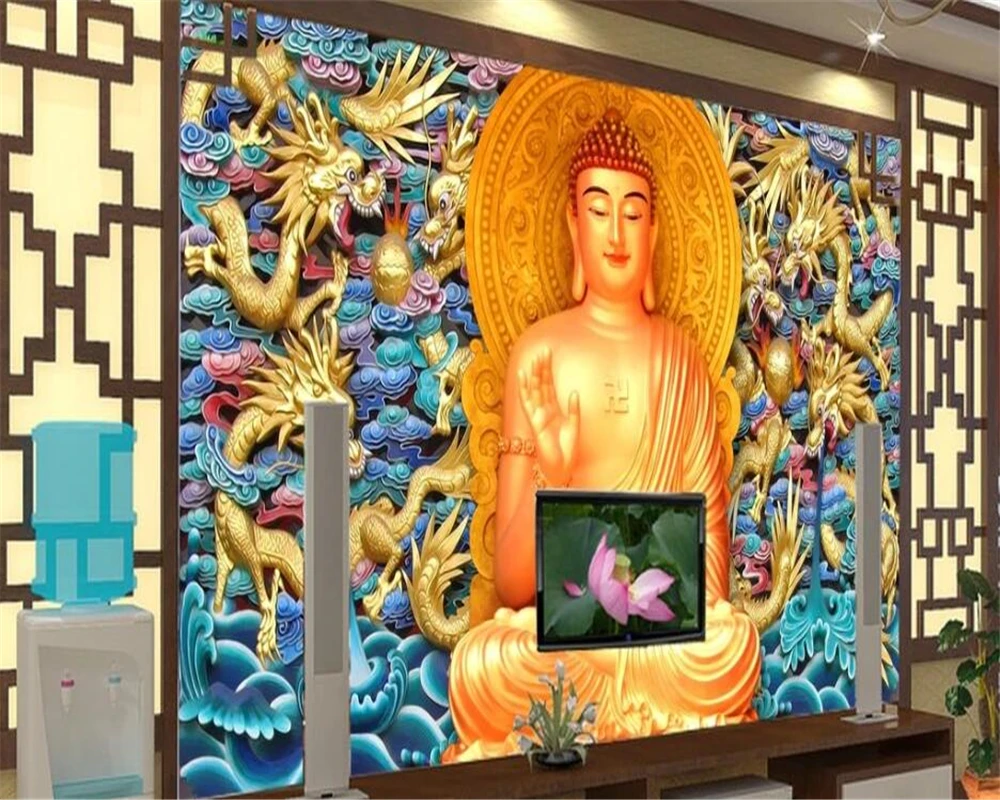 wellyu Customized large murals fashion home decoration golden dragon embossed Buddha mural background wall wallpaper