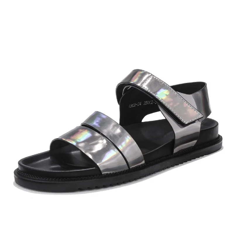 

Summer Mens Casual Flats Beach Sandals Ankle Strap Open Toes Slippers Patent Real Leather Boys Platform Outside Shoes Plus Size