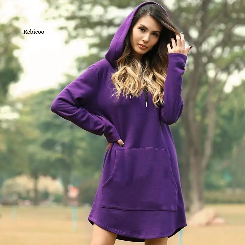 

New Autumn Long Hoodies Women Dresses Casual Pocket Long Sleeve Hooded Sweatshirts Loose Oversized Pullover Hoodie Dress