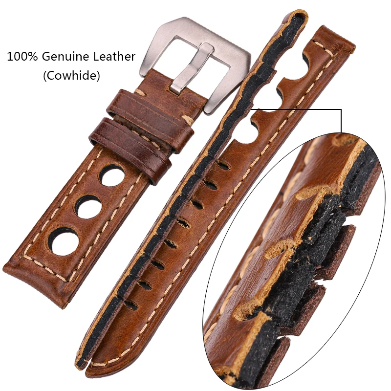 Vintage Genuine Leather Watch Strap 20mm 22mm 24mm 4 Colors Stainless Steel Buckle Watchband Accessories