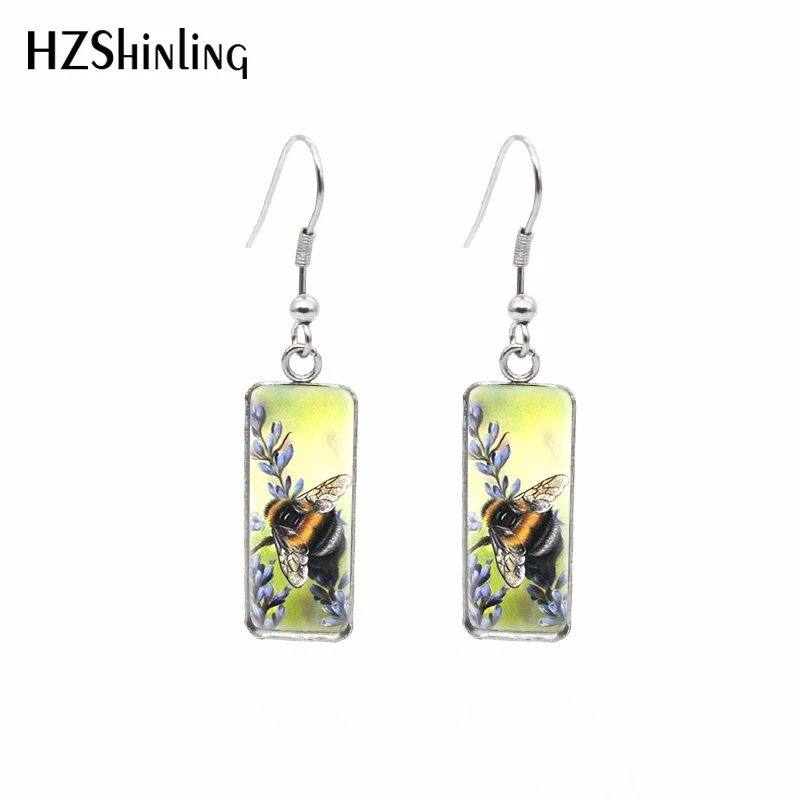 2021 New Bee on Daisies Rectangular Earring Honey Bee Fish Hook Earrings Glass Cabochon Handmade Jewelry