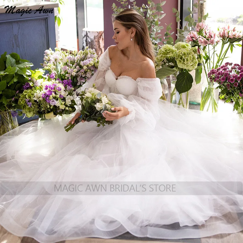 Magic Awn-vestidos de novia blancos bohemios para mujer, con hombros descubiertos, mangas largas hinchadas desmontables, vestidos de novia con ilusión campestre