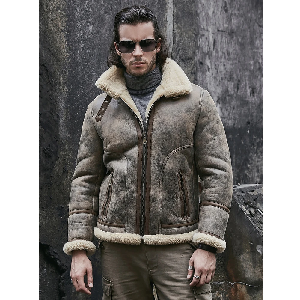 Shearling-メンズb3レザーボンバージャケット,シープスキンコート,ショートファージャケット,ウィンターコート,2019