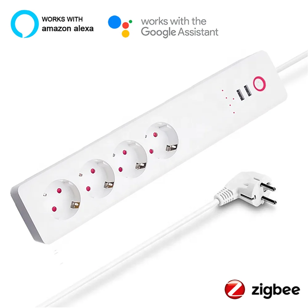 Tuya Zigbee EU Socket 16A Smart Power Strip Bar Plug Extension Cord with 4 AC Plugs and 2 USB Work with Alexa Google Assistant