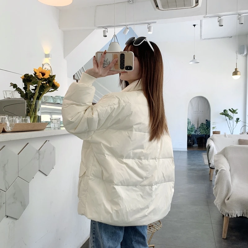 Abrigo de pan con cuello levantado para mujer, chaqueta de plumón de pato blanco cálido y grueso, parka informal holgado de talla grande, prendas de vestir, otoño e invierno, 2021