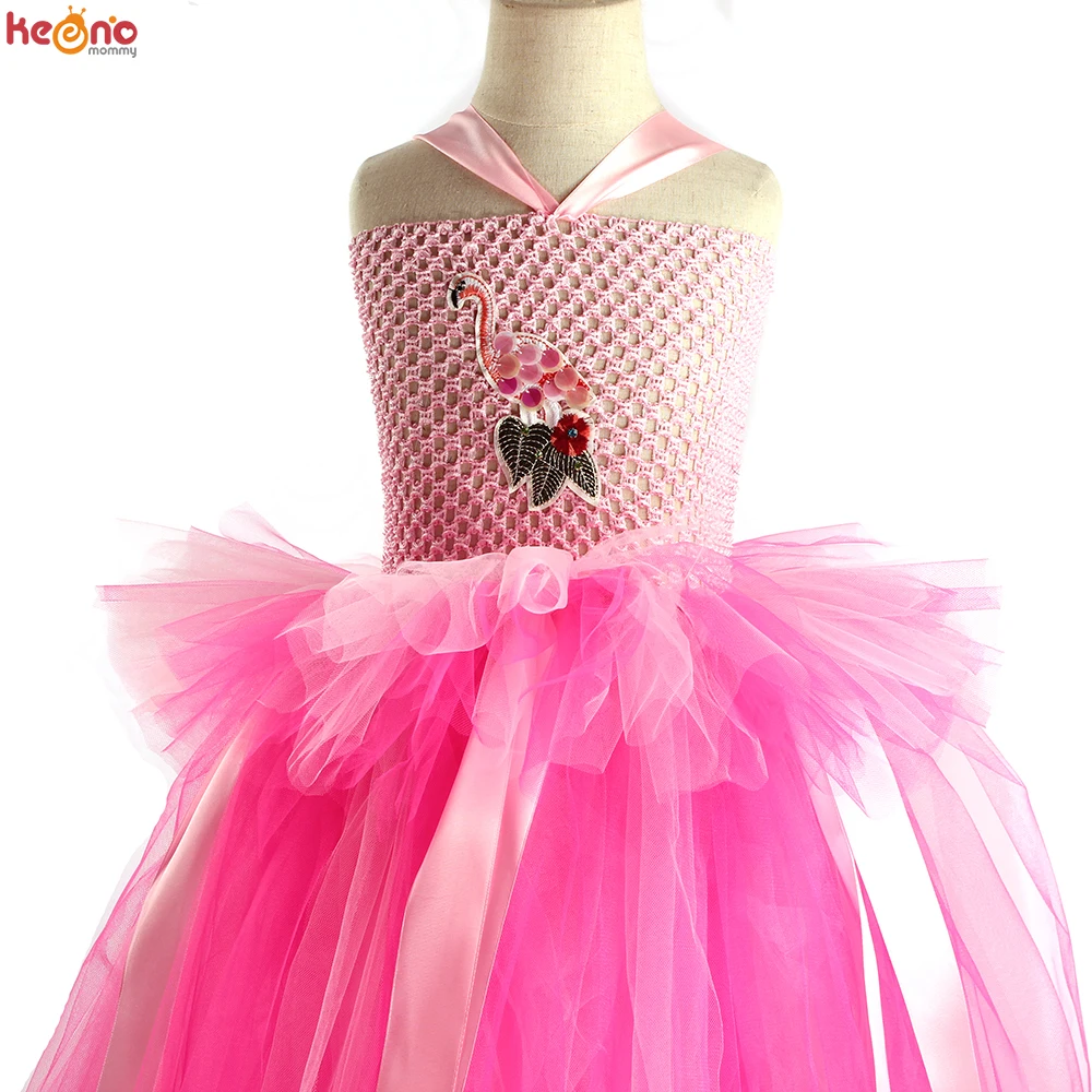 Pink Bustle Flamingo Princess Girls Tutu Dress with Headband Bird Animal Kids Fancy Dress for Birthday Party Pageant Ball Gown