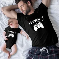 Player 1 Player 2 Matching Family Clothes Father Mother Kids Tshirts Dad Boy Match Tops Players Shirts Family Look Clothes