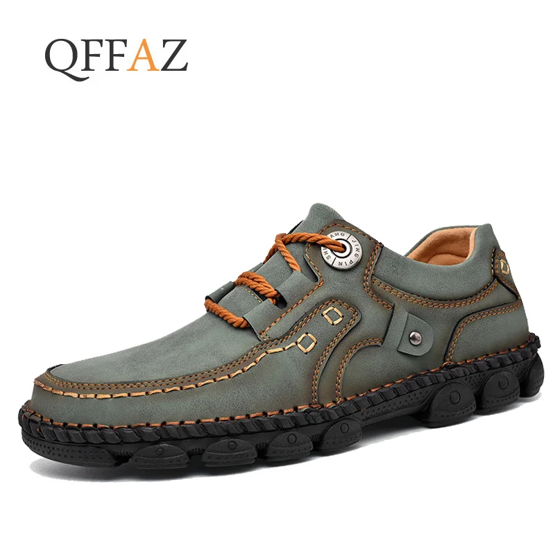 

QFFAZ New Spring Men Casual Shoes Handmade Leather Loafers Outdoor Men's Shoes Quality Split Leather Flat Moccasins Men Sneakers