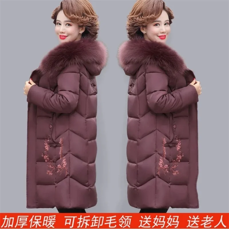 Mother Down Cotton-Padded Jacket Elderly Women's Winter Coat With Hooded Thick Warm Velvet Thickening Long Parkas Embroidered 10