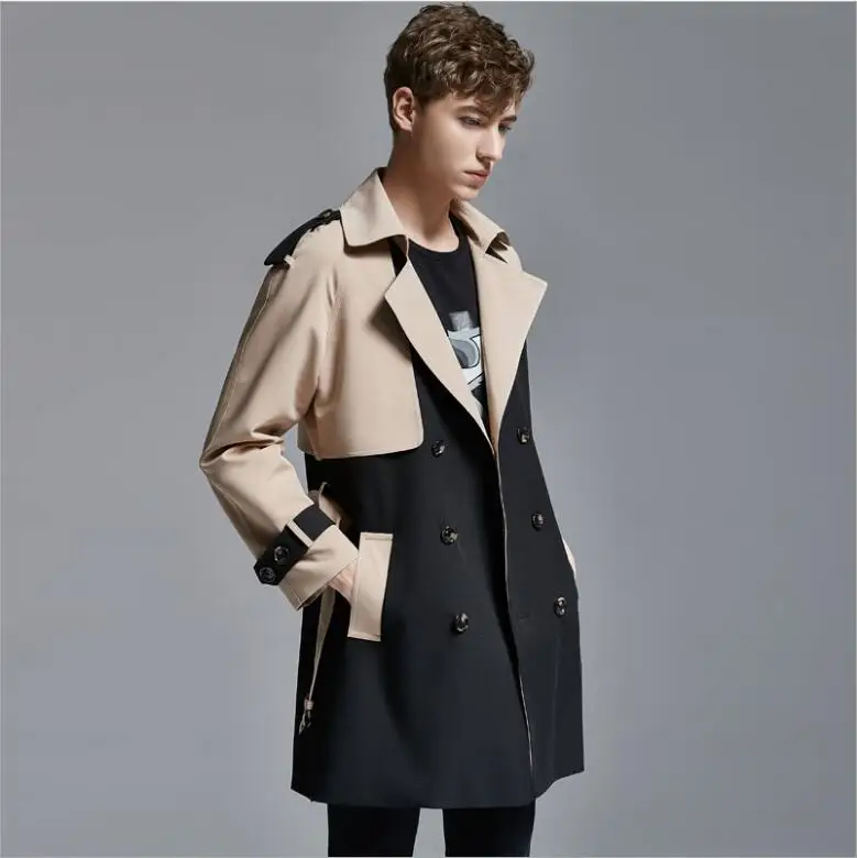 Double Color windbreaker men's long-sleeved 2020 autumn new handsome double-breasted jacket young Man large size Trench Coat