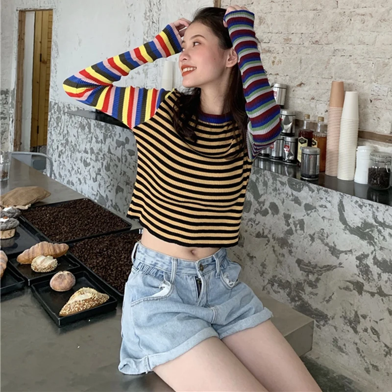 Striped Knitted T-shirt   Autumn Women Student Wind Casual Wild Slim Short T-shirt Female Crop Tops Long Sleeve T-Shirts