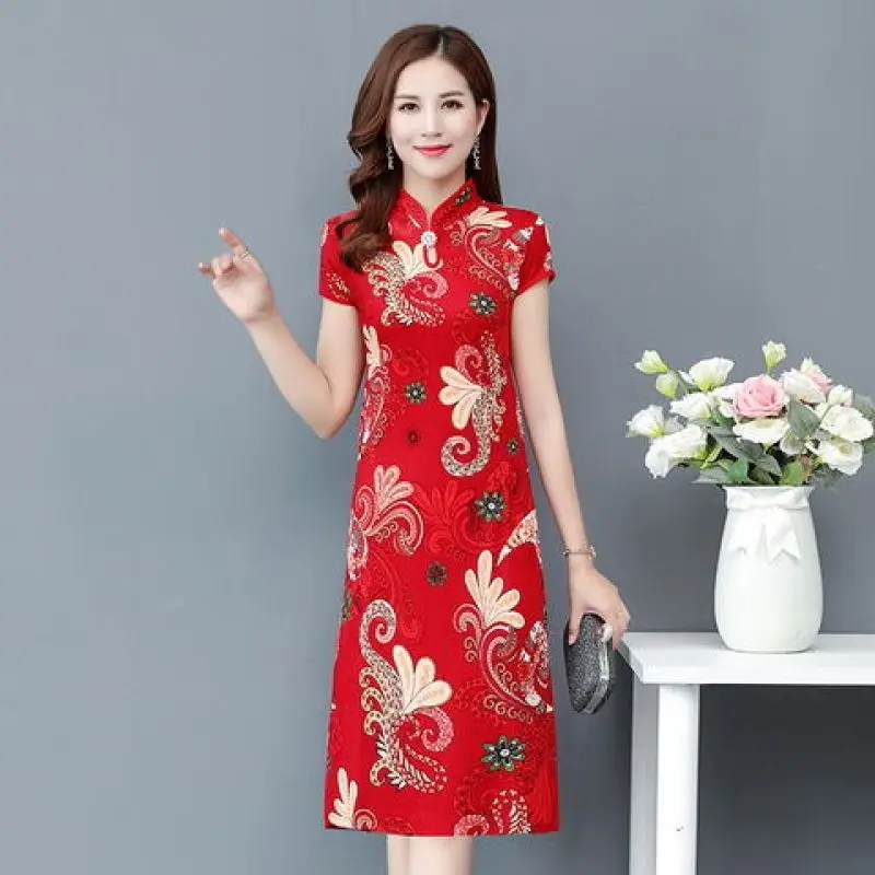 

2021 summer new short-sleeved cheongsam dress mid-length fashion middle-aged and elderly women's large size retro slim dress