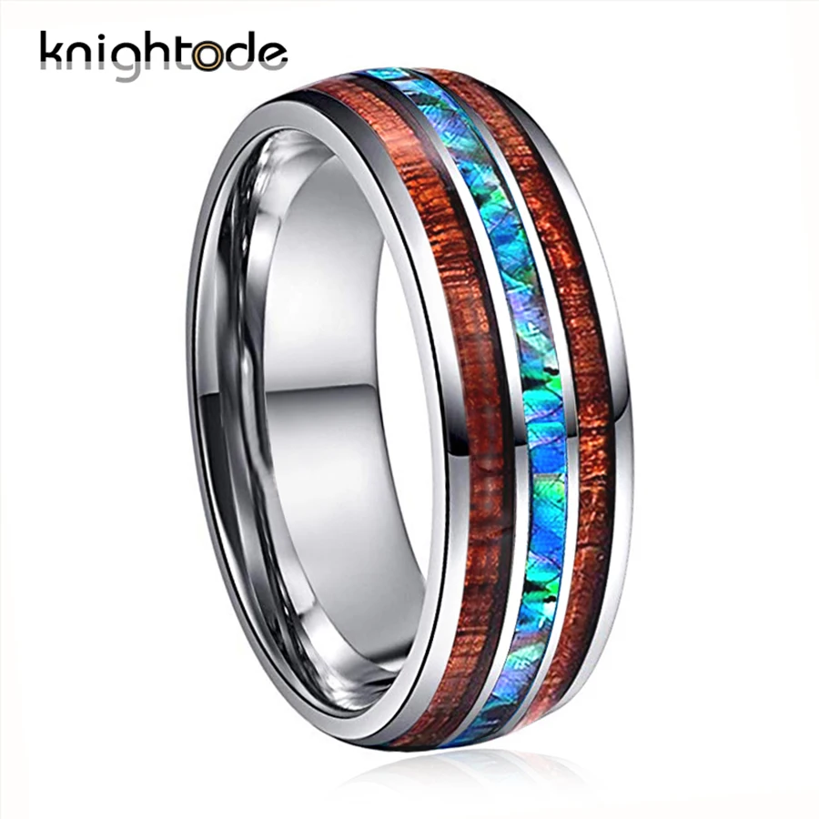 

8mm Tungsten Rings For Men Women Wedding Bands Abalone Shell Chip Koa Wood Inlay Domed Polished New Fashion Gothic Punk Ring