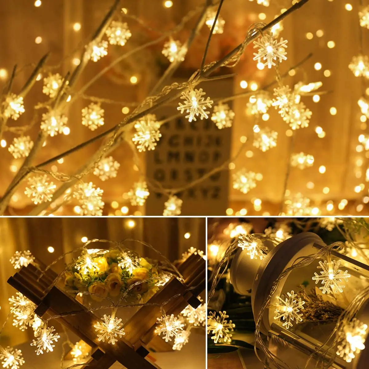 Cadena de luces con forma de copo de nieve, adornos navideños, decoración de Nochevieja 2024, 10/20M, FUNCIONA CON ENCHUFE, Día de San Valentín/boda, 2025