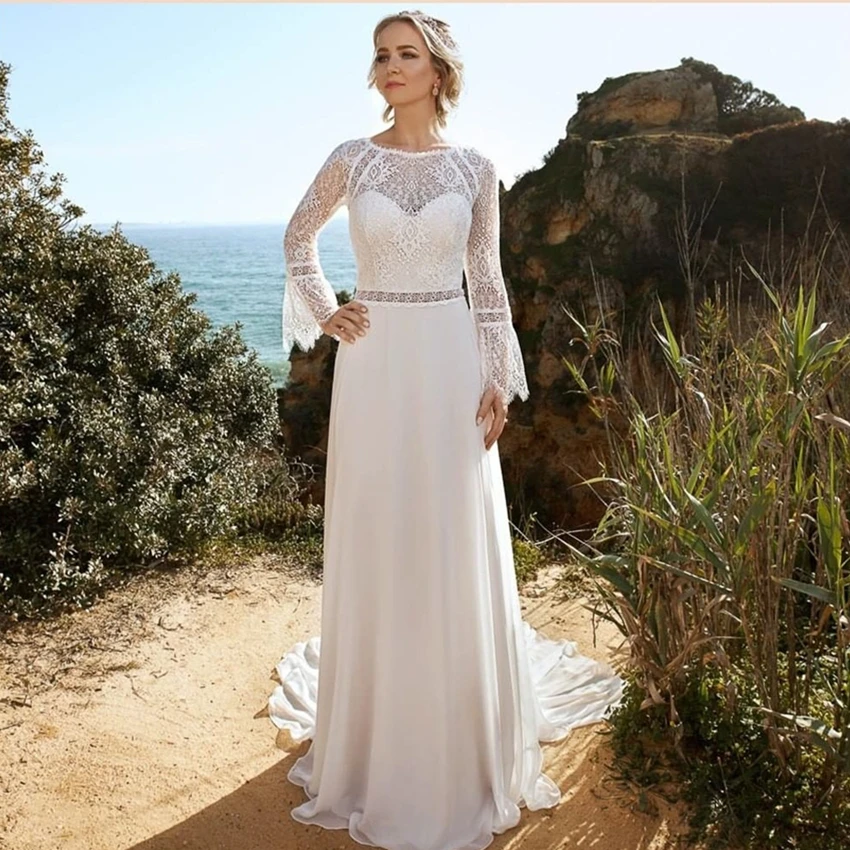 Bohemian Wedding Dress A-Line O-Neck Flare Sleeve Lace Appliques Backless Floor Length Sweep Train Formal Bride Gown New