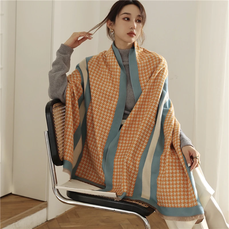 

180*65Cm Pashmina Houndstooth Print Scarf Warm Cashmere Shawl Elegant Wrap Chal Foulard Blanket Luxury Cape Stoles Thick Chal