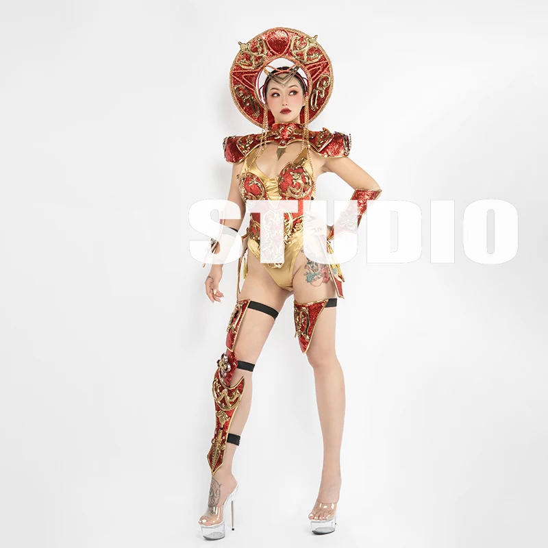 

Chinese style gold red gold future Armor gogo costume female one-piece Nightclub Bodysuit