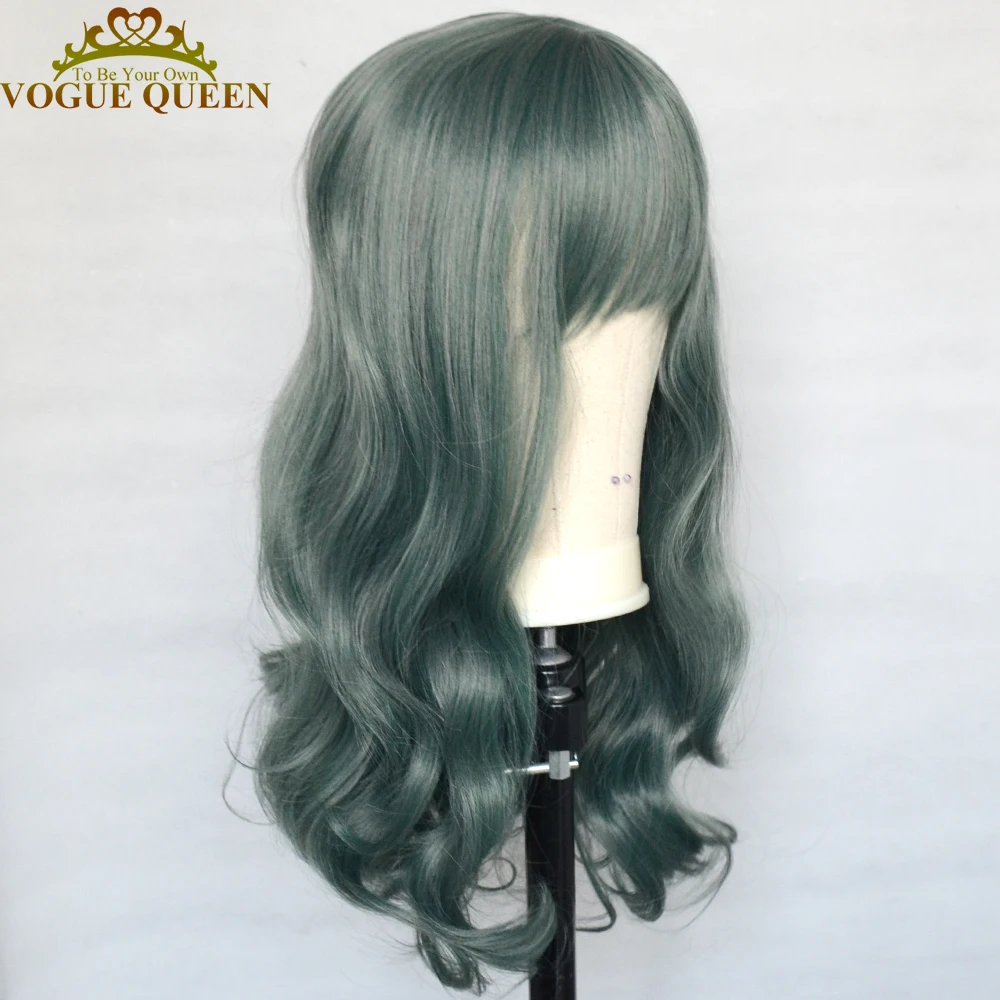 Vogue Queen Mixed Green Synthetic Wig High Temperature Fiber Full Machine Made Wig Natural Wave Cosplay For Women