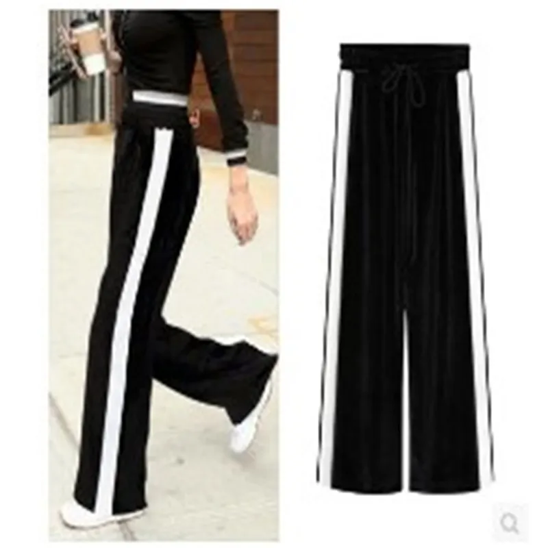 

New Black Wide Legged Pants White Stripe Color Block Loose High Waist Pleuche Women's Elastic Waist Lace Up Plus Size 6XL Ladies