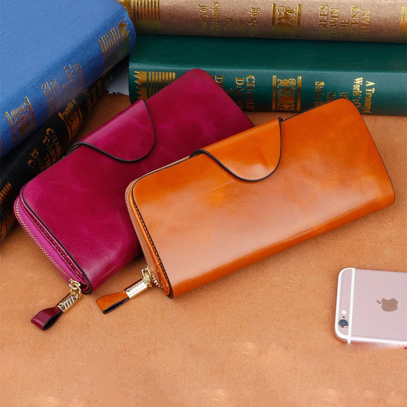 

High Quality Woman Wallet Oil Wax Leather Credit Card Card Holder Ladies Genuine Leather Clutch FRID Wallets Holiday Gift