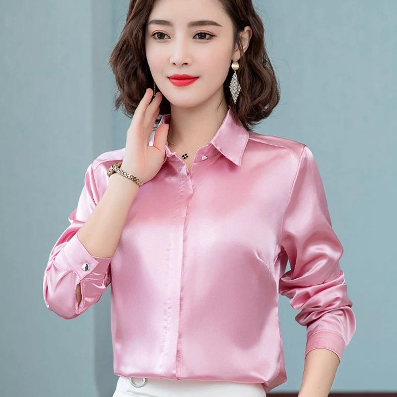 Stinlicher Satin Silk Shirt Women spring Autumn Long Sleeve Elegant Work Wear Tops Korean Fashion White Blue Black Blouse Shirt