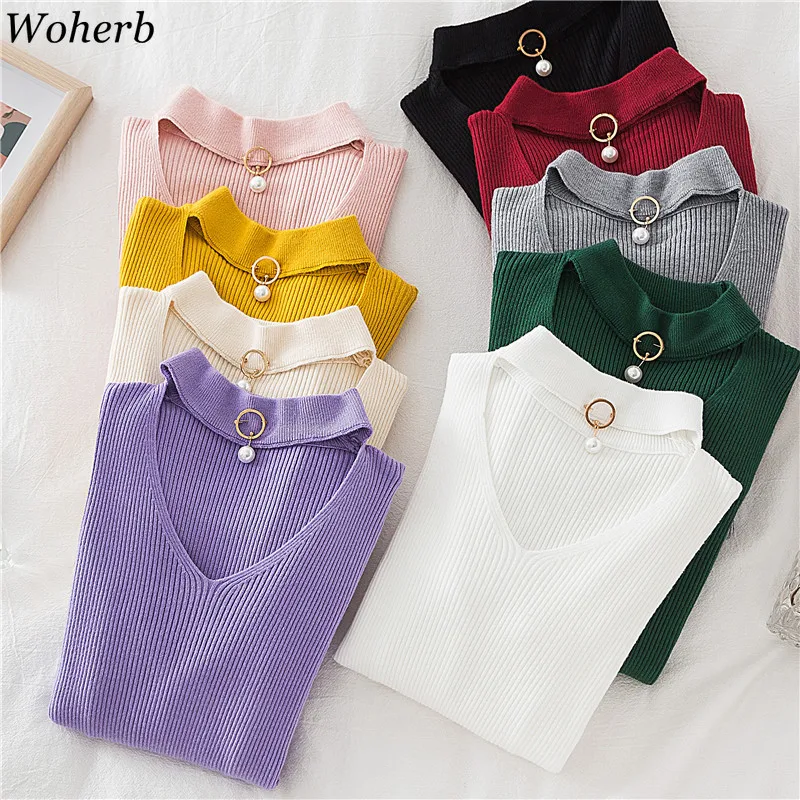 Woherb 2024 Basic V-neck Beading Solid Autumn Winter Sweater Pullover Women Knitted Sweaters Slim Stretch Badycon Jumper Mujer