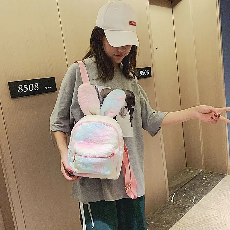 Tie Dye Plush Backpack For Women Rabbit Ears Faux Fur Shoulders Bag Cute Furry Mini Backpacks Girl Fluffy Bag 2021 Winter New