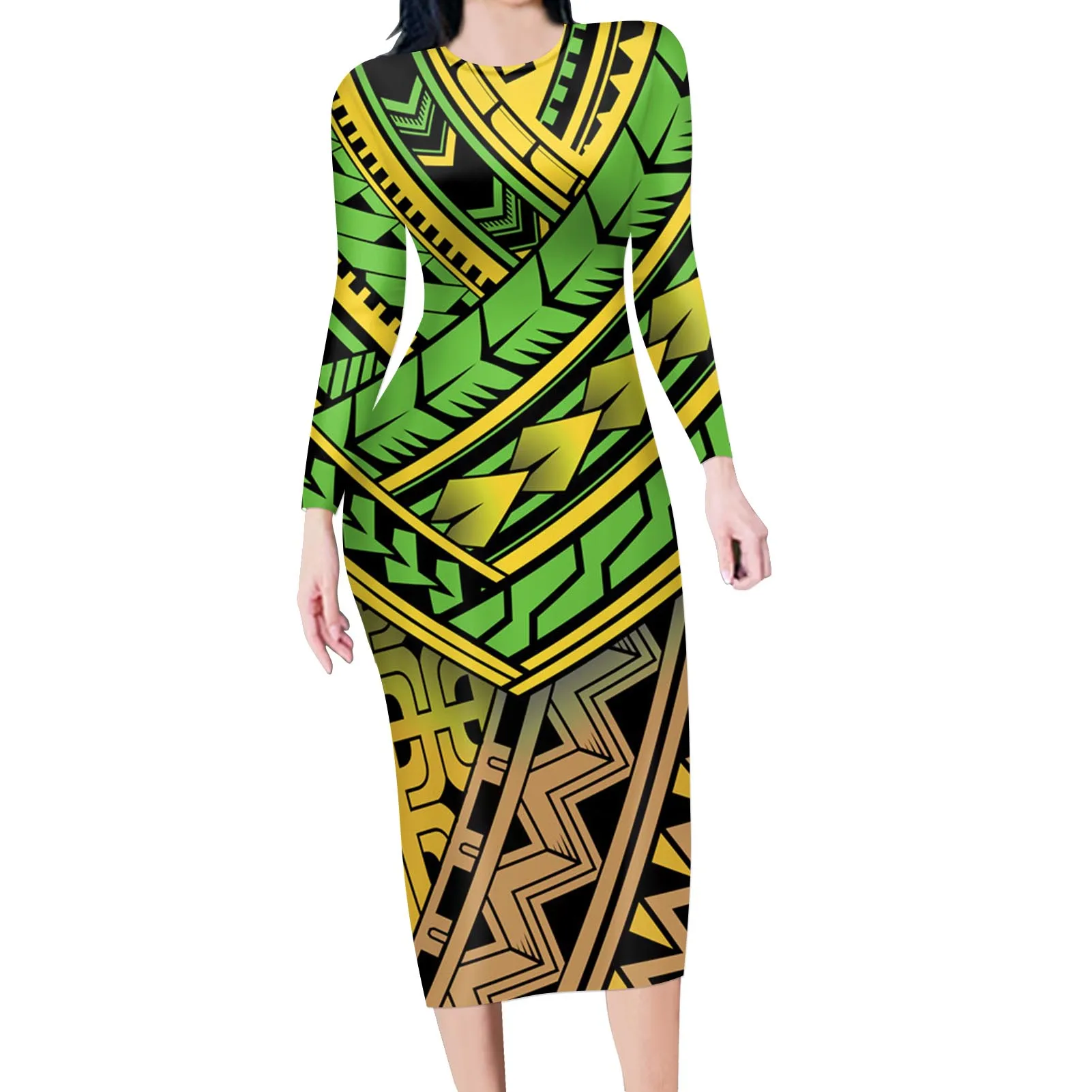 Hycool 2022 Dress Women Elegant Polynesian Tribal Pattern Long Sleeve Ladies Clothes Stylish Winter Spring Vestidos De Mujer