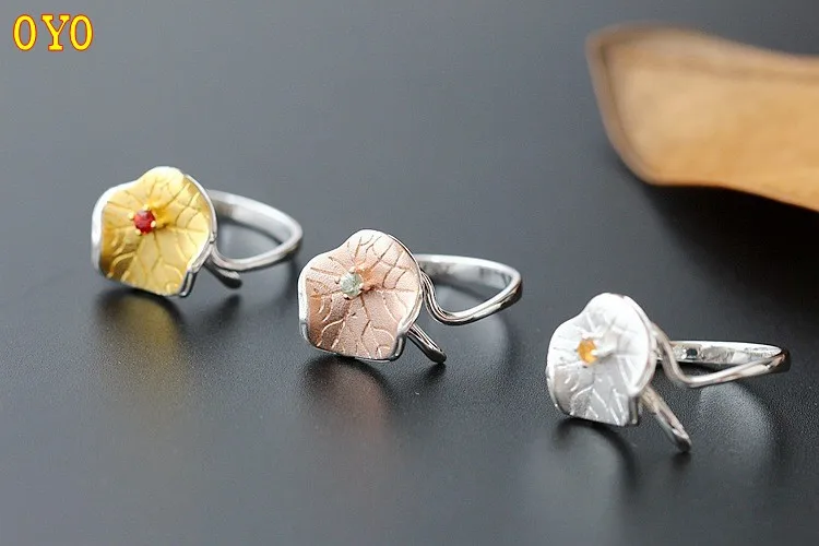 

100%925 Sterling Silver Inlaid Natural Color Treasure Female Ring Vintage Lotus Leaf Silver Index Finger Ring