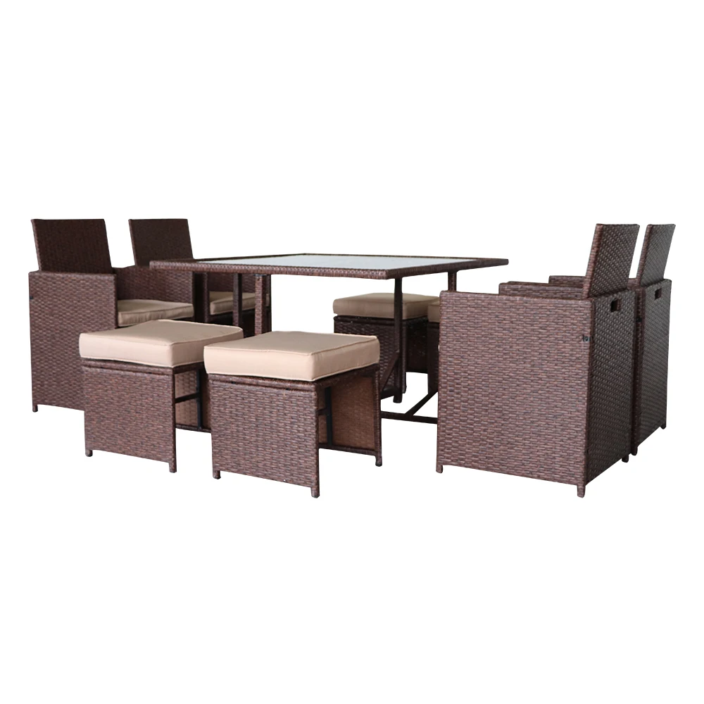 Patio Furniture Set 9 Pieces Wood Grain PE Wicker Rattan Dining Ottoman Chair with Tempered Glass Table Steel Frame[US-Stock]