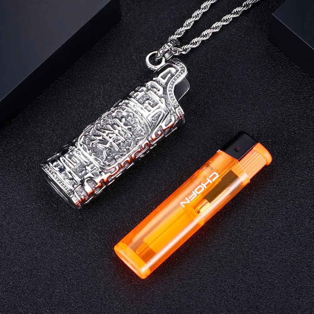 Fongten Cigarette Lighter Pendant Hollow Charm Necklace Stainless Steel Cubic Retro Pendants Necklaces Men Jewelry