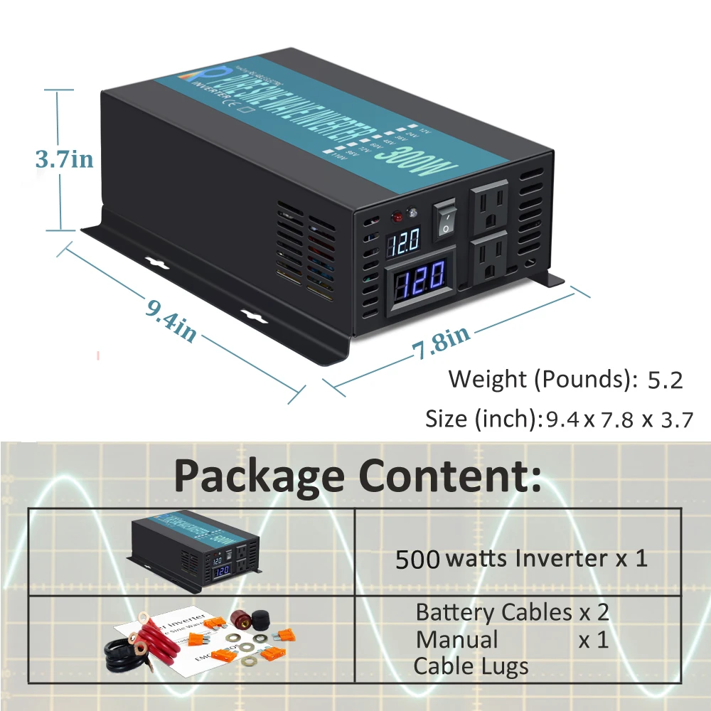 300W Off Grid Solar Inverter 12V 220V Pure Sine Wave Power Inverter Converter Power Supply 12V/24V DC to 120V AC Remote Control